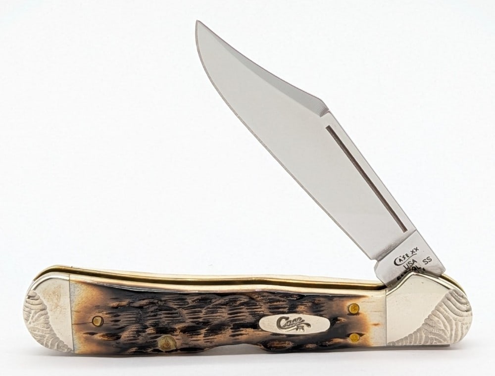 Custom 2019 Case XX Burnt Bone Mini Copperlock 61749L: Features file worked bolsters. Knife is in very nice condition with light scuffs on the bolsters from handling. Overall measures 3-5/8in when closed.