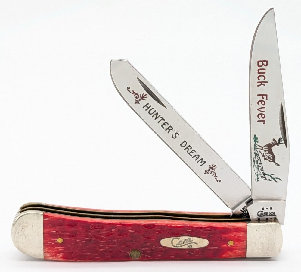 Ltd 2003 Case XX Buck Fever Red Bone Trapper 6254: Knife is numbered 246, and is in fair condition with some heavy scuffs and scratches on the bolsters. Overall measures 4-1/8in when closed.