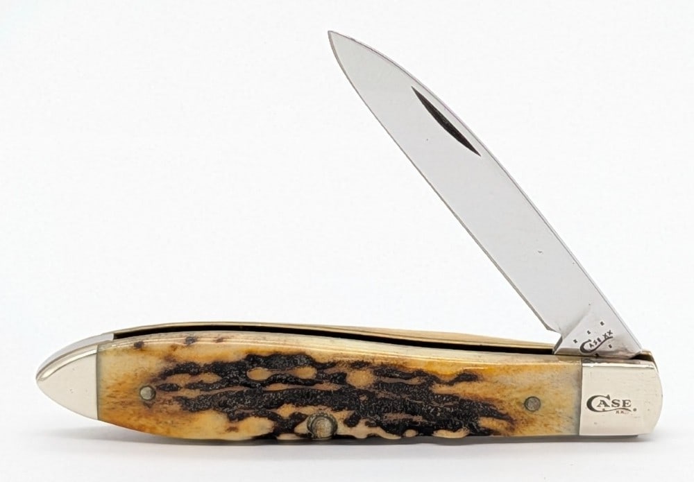 2015 Case XX Stag Teardrop Knife TB51028: Knife is in very nice condition with light scuffs from handling. Overall measures 3-1/2in when closed.