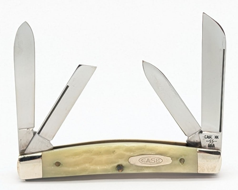 1984 Case XX Natural Bone Long Pull Congress Knife W64052: Knife is in very nice condition with light scuffs on the bolsters from handling. Overall measures 3-1/2in when closed.
