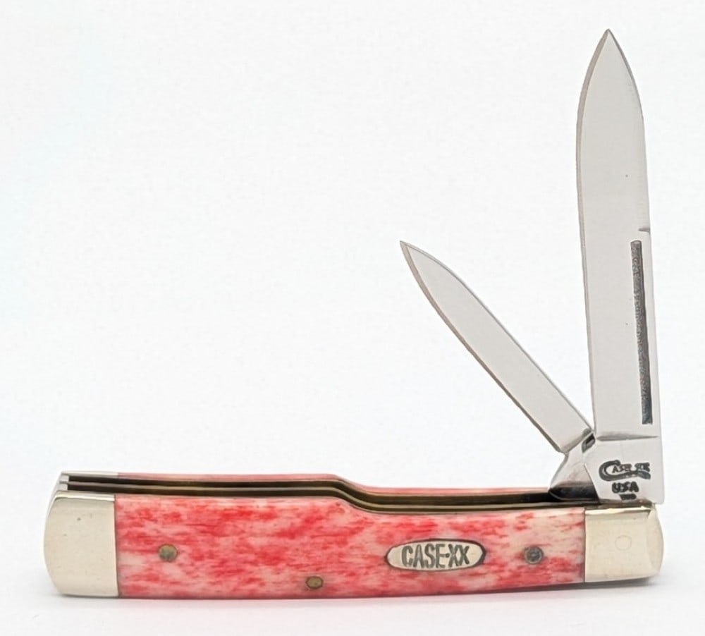 1997 Case XX Red Appaloosa Bone Small Gunstock 6215: Knife is in very nice condition with light scuffs on the bolsters from handling. Overall measures 3in when closed.