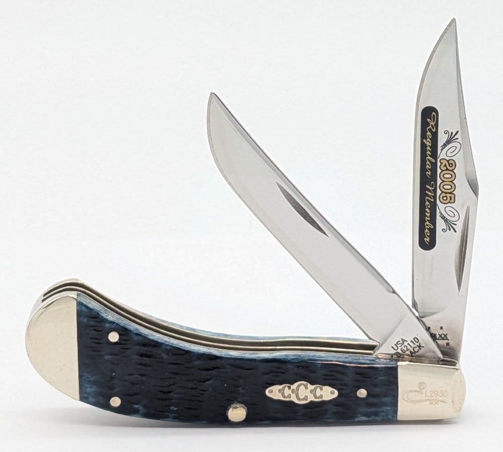 Ltd 2005 Case XX Collectors Club Regular Member Blue Bone Saddlehorn TB62110: Knife is numbered L2930, and is in very nice condition with light scuffs on the bolsters from handling. Overall measures 3-1/2in when closed.