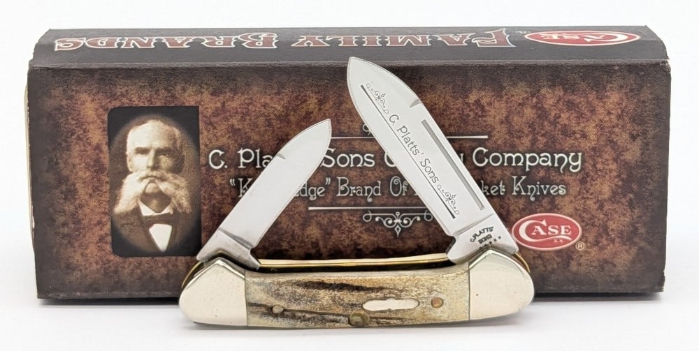 2005 Case XX C. Platts' Sons Burnt Stag Baby Butterbean 52132 w/ Tin: Knife is in like new condition. Overall measures 2-3/4in when closed.