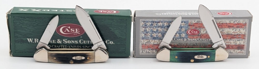2005 & 15 Case XX Olive & Hunter Green Baby Butterbeans 62132 w/ Boxes: Knives are in like new condition. Overall measures 2-3/4in when closed.
