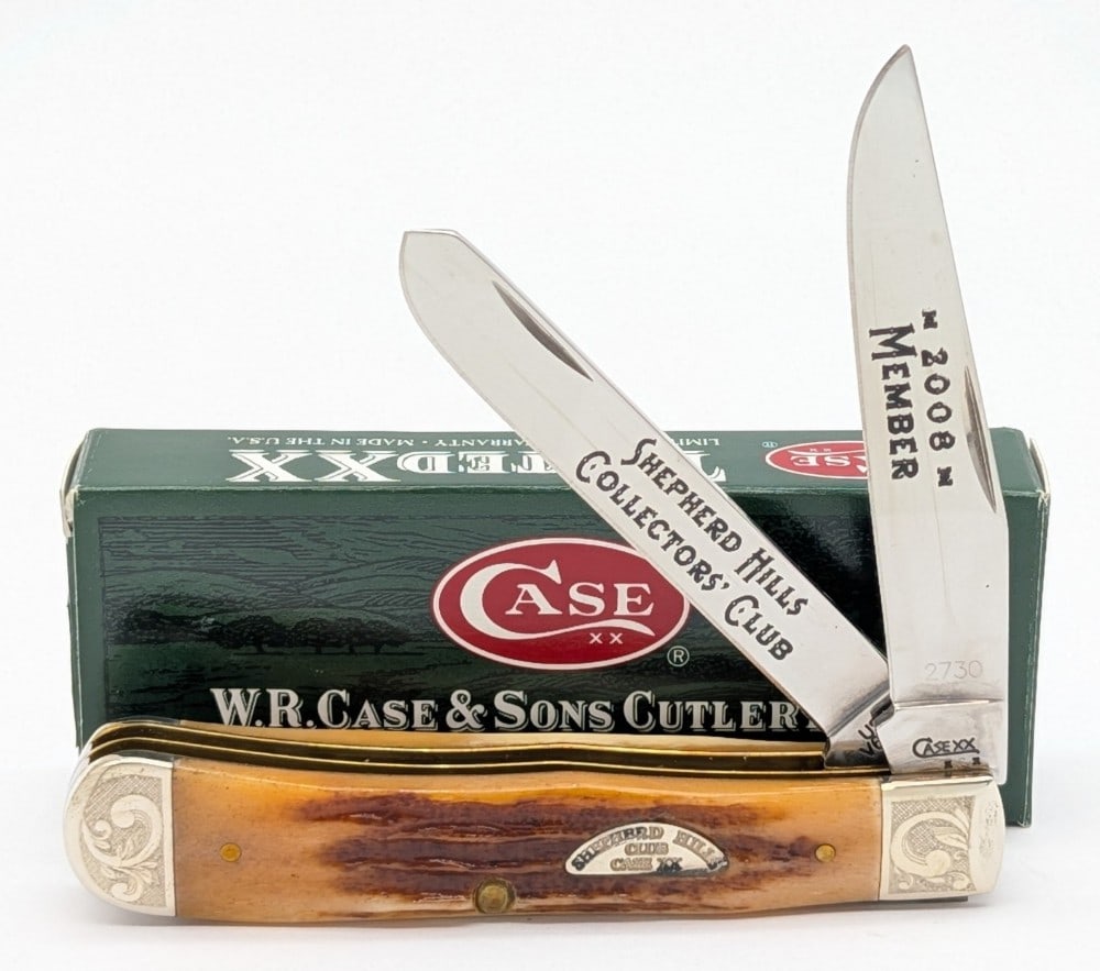 Ltd 2008 Case XX SHCC Sr. Member Vintage Bone Scroll Bolster Trapper V6254 w/ Box: Knife is numbered 2730, and is in like new condition. Overall measures 4-1/8in when closed.
