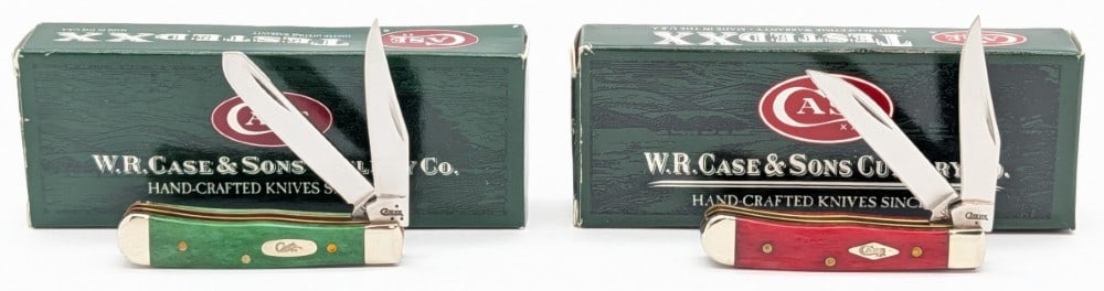 2007 & 09 Case XX Smooth Red & Olive Green Bone Tiny Trapper 62154 w/ Boxes: Knives are in like new condition. Overall measures 2-3/8in when closed.