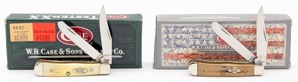 2009 & 13 Case XX Burnt Oat & Ginger Ale Bone Tiny Trapper 62154 w/ Boxes: Knives are in like new condition. Overall measures 2-3/8in when closed.