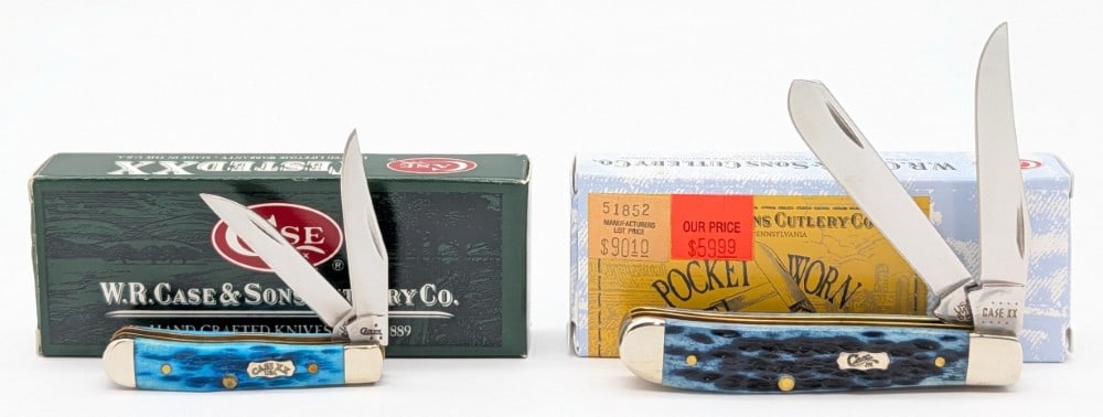 2009 & 22 Case XX Mediterranean Blue Bone Tiny & Mini Trapper w/ Boxes: Knives are in like new condition. Largest overall measures 3-1/2in when closed.