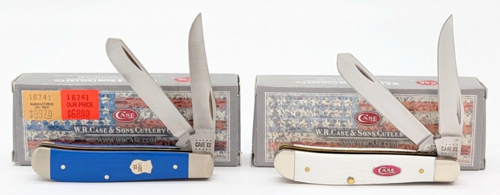 2020 & 22 Case XX White Synth & Blue G-10 Mini Trappers w/ Boxes: Knives are in like new condition. Overall measures 3-1/2in when closed.