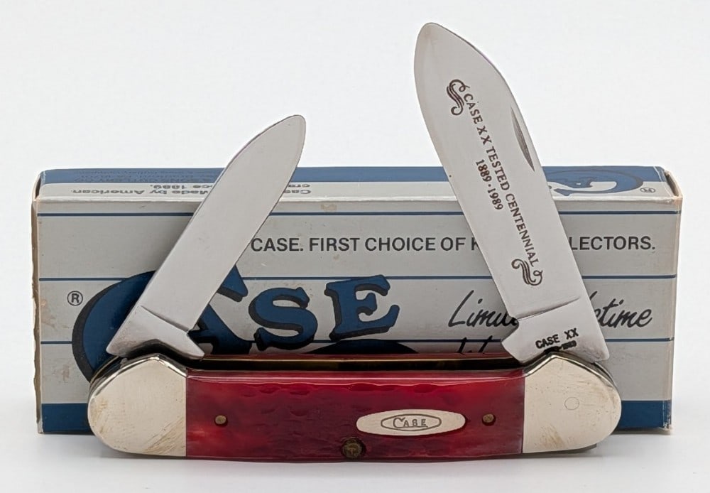 1989 Case XX Centennial Red Bone Canoe Knife R62131 w/ Box: Knife is in like new condition. Overall measures 3-5/8in when closed.