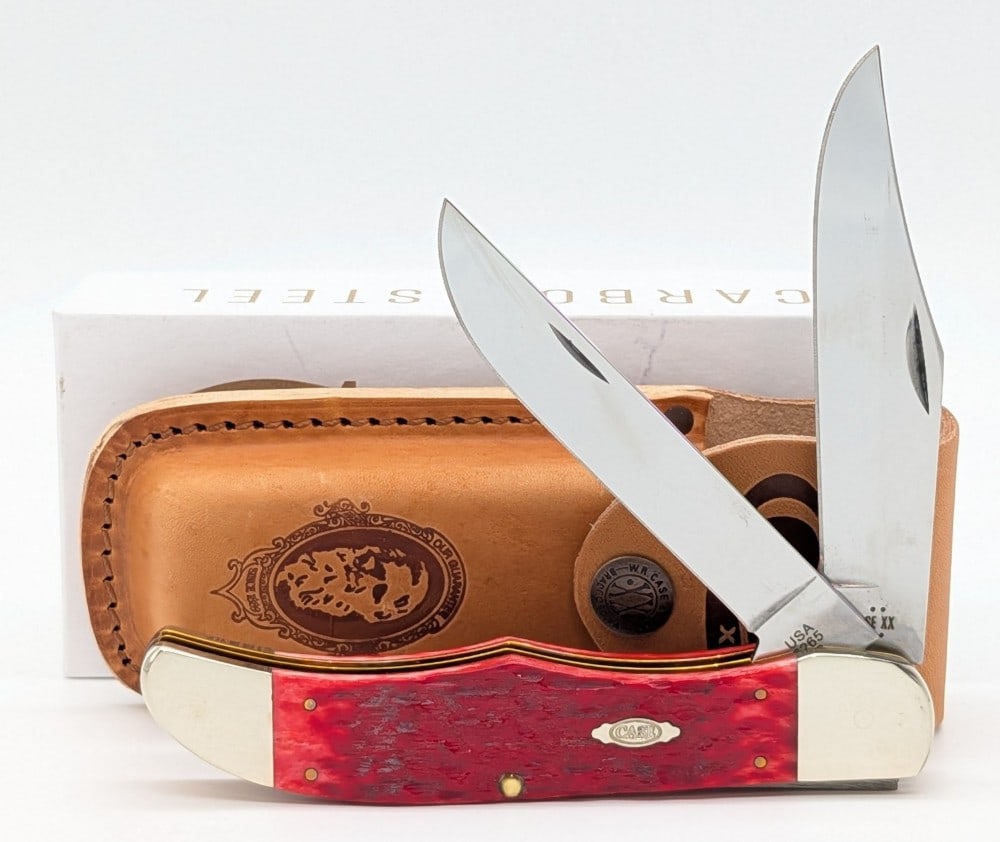 2025 Case XX Dark Red Bone Folding Hunter 6265 w/ Sheath & Box: Knives are in like new condition. Overall measures 5-1/4in when closed.