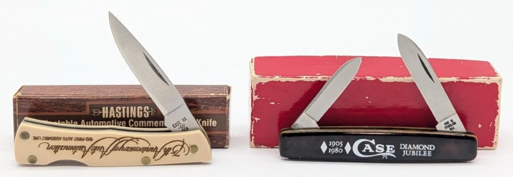 Case XX Diamond Jubilee & Hastings Folding Knives w/ Boxes: Knives are in like new condition. Overall measures 3in when closed.