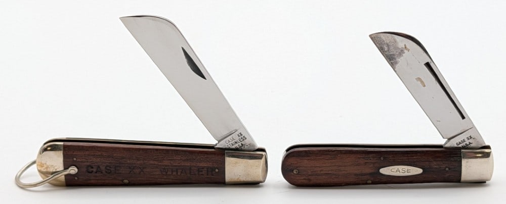 1976 Case XX Smooth Wood Whaler 1199 & Electricians Knife 11031: Knives are in good condition with tarnishing on the blades, and light scuffs and tarnishing on the bolsters. Overall measures 4-1/8in when closed.