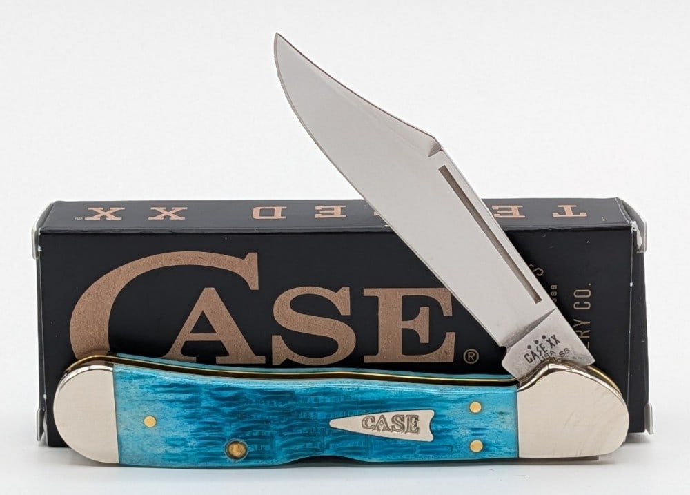 2024 Case XX Sky Blue Bone Long Pull Copperlock 61549L w/ Box: Knife is in like new condition. Overall measures 4-1/4in when closed.