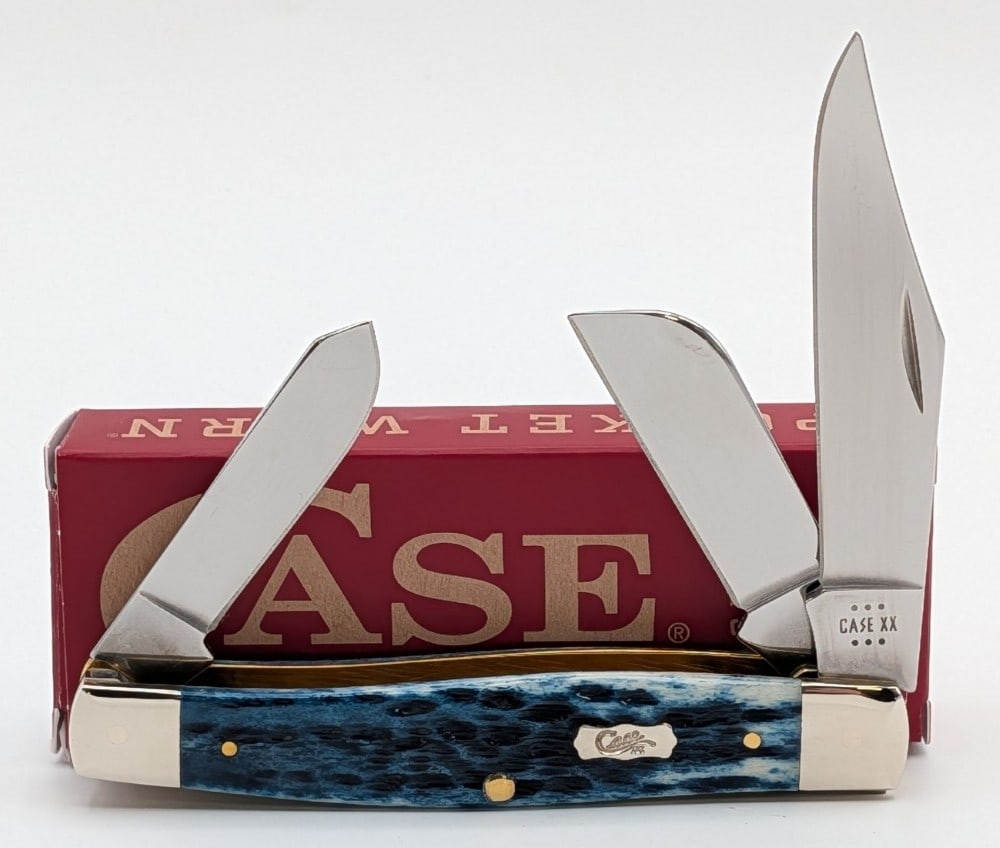 2024 Case XX Mediterranean Blue Bone Large Stockman 6375 w/ Box: Knife is in like new condition. Overall measures 4-1/4in when closed.