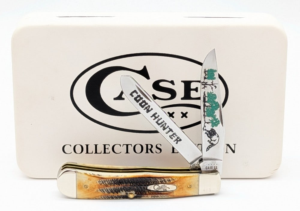 Ltd 2021 Case XX Coon Hunter Bone Stag Trapper 6.5254 w/ Case: Knife is numbered 413, and is in like new condition. Overall measures 4-1/8in when closed.