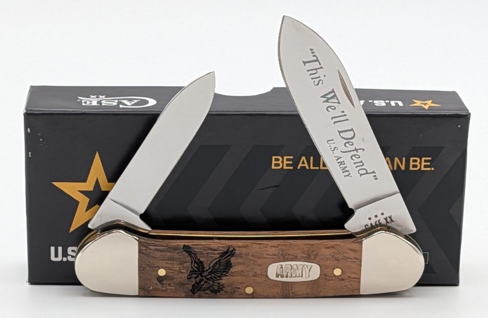 2024 Case XX US Army Curly Oak Canoe Knife 72131 w/ Box: Knife is in like new condition. Overall measures 3-5/8in when closed.