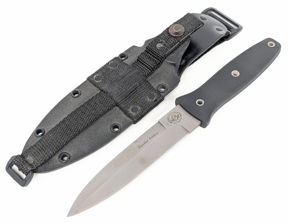 EK Knives Black Linen Micarta Limited Edition Fighter w/ Sheath: Features a bead blasted blade with false top edge, hidden/mortise tang construction, and black linen micarta handle. Knife is in very nice condition with light scuffs and some tarnishing from handling