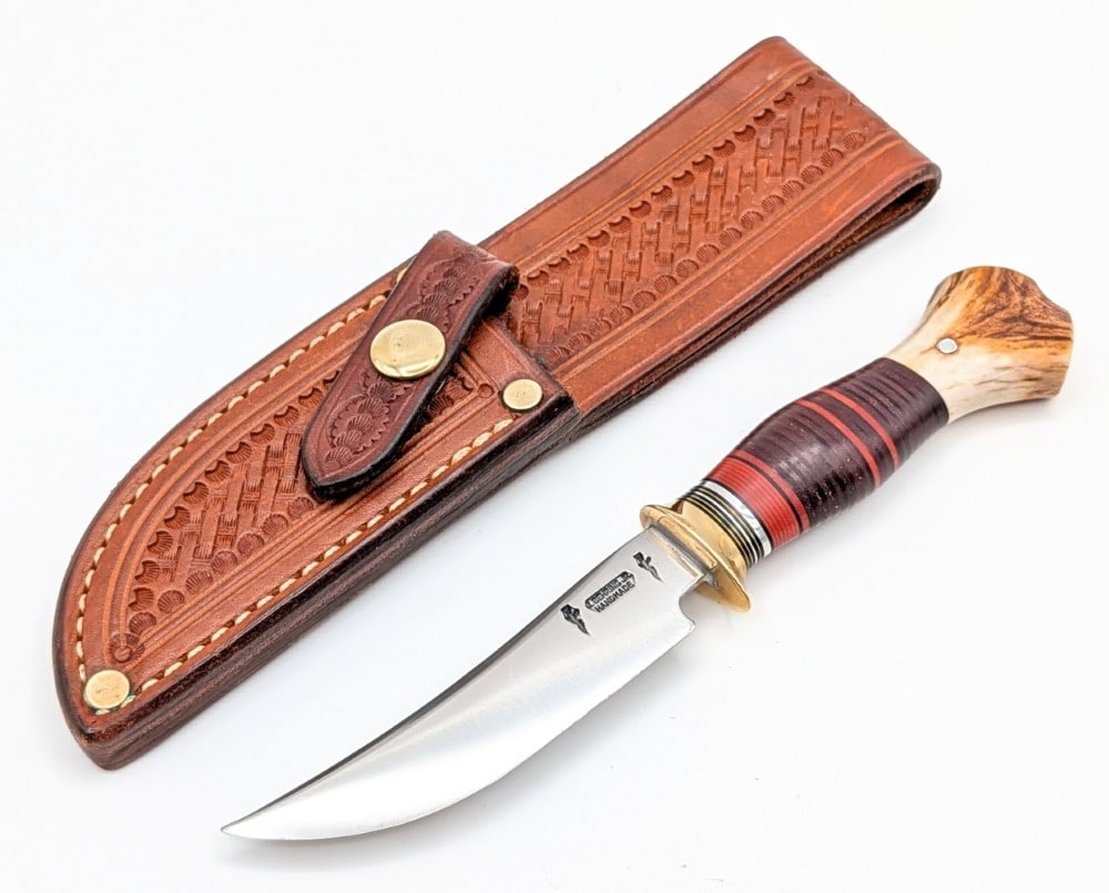James Behring Jr. Split Stag Hunting Knife w/ Riveted Sheath (1 of 10)