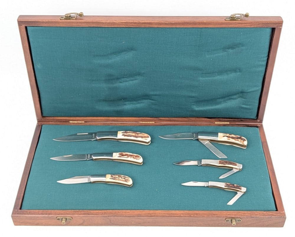 Ltd Kershaw Stag Officer Ranch Knife Set w/ Case: Knives are numbered 53 of 1200, and are in very nice condition with minimal wear from handling. Case measures 18in wide x 9in tall.