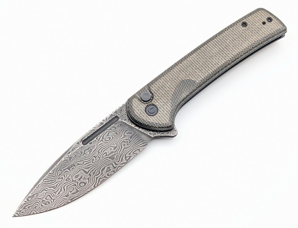 Civivi Conspirator Damascus Canvas Micarta Button Lock Flipper Folding Knife: Knife is in like new condition. Overall measures 4-5/8in when closed.