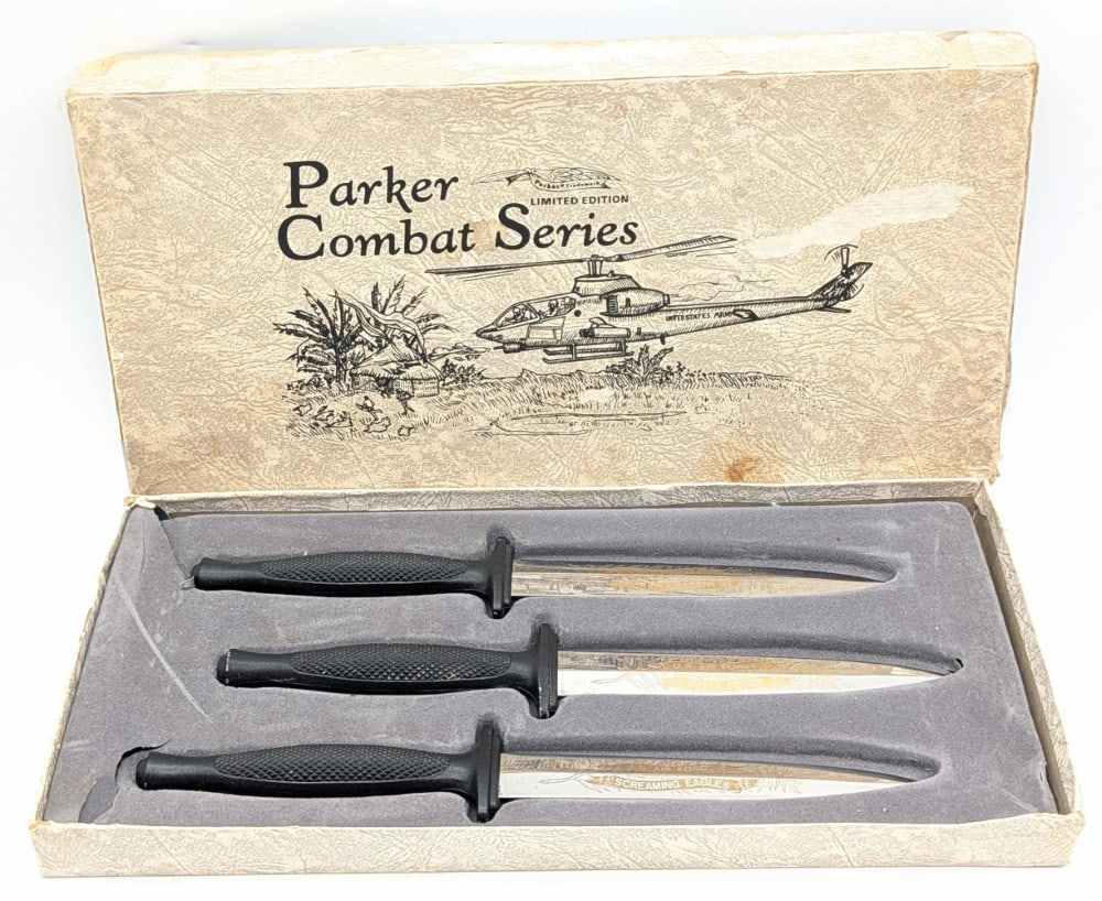 Ltd Parker Cutlery Co. Combat Series Fighting Knife Set w/ Box: Knives are numbered 197, and feature banner etchings on the blades for the 101st, Delta Force, and Screaming Eagles. Knives are in nice condition with some light finish wear on the handles. The box in