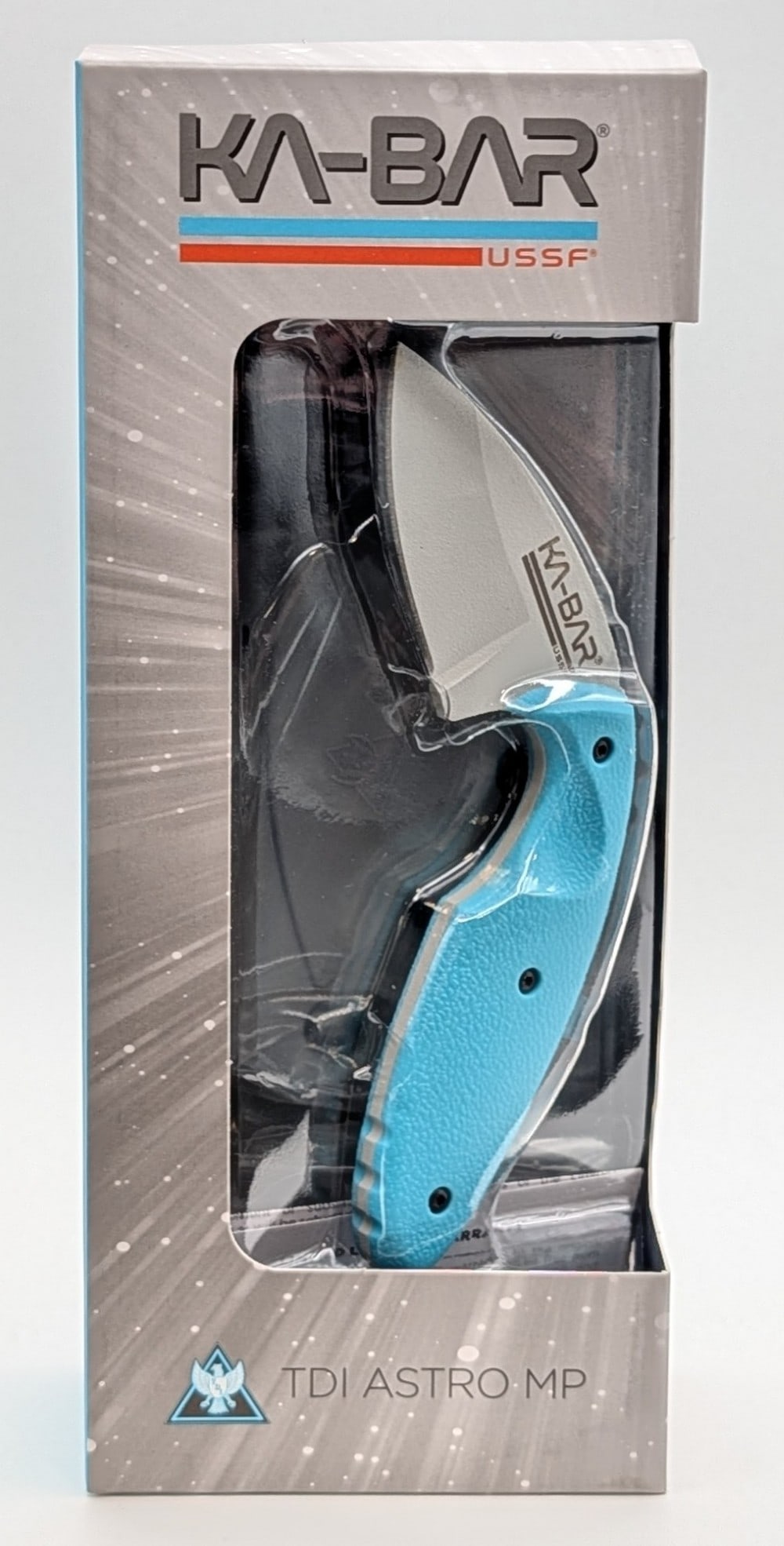NIB Ka-Bar Space Force TDI Astro MP Fixed Blade Knife w/ Sheath: Features a gray powder coated blade, and a blue Zytel handle. Knife is in new condition. Blade length measures 2-1/4in and overall 5-1/2in.