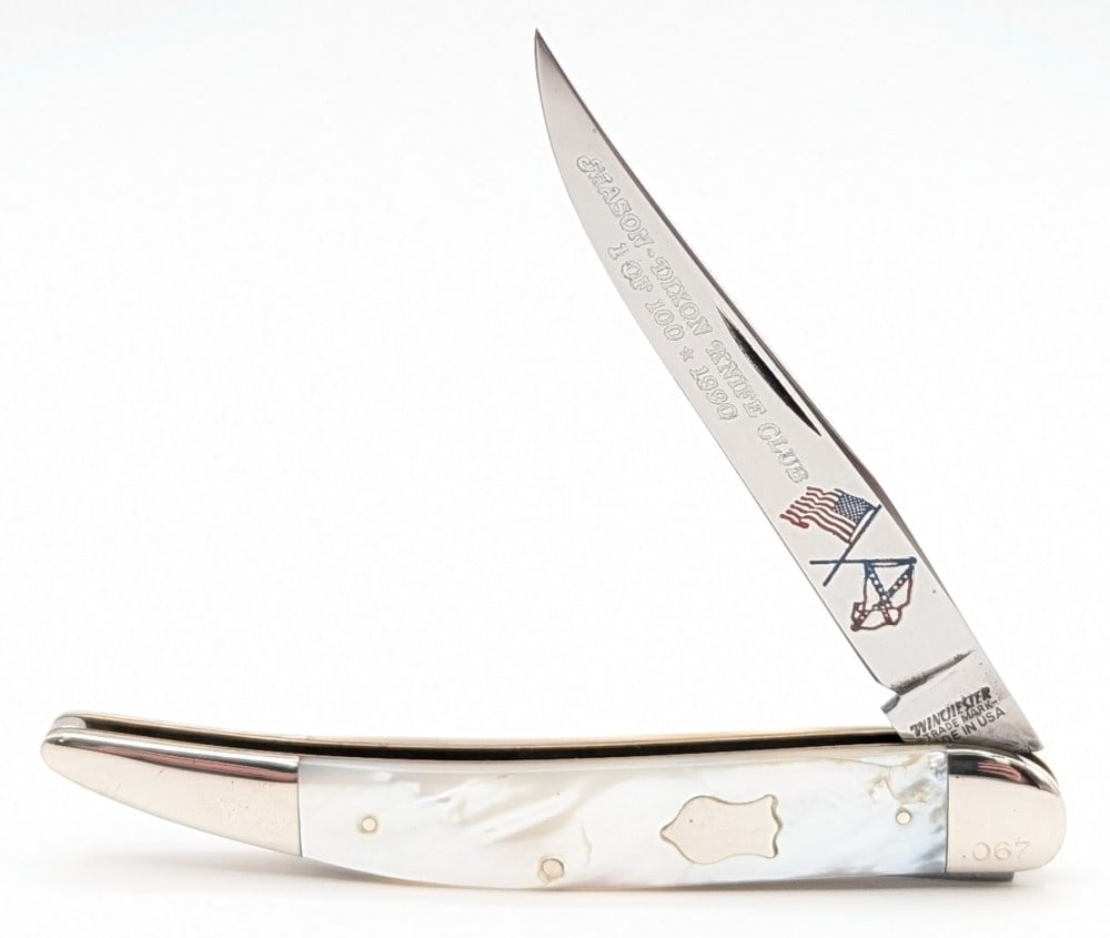 Ltd 1990 Winchester Mason-Dixon Knife Club Mother of Pearl Texas Toothpick 1924P: Knife is numbered 067 of 100, and is in very nice condition with minimal wear from handling. Overall measures 4-1/4in when closed.