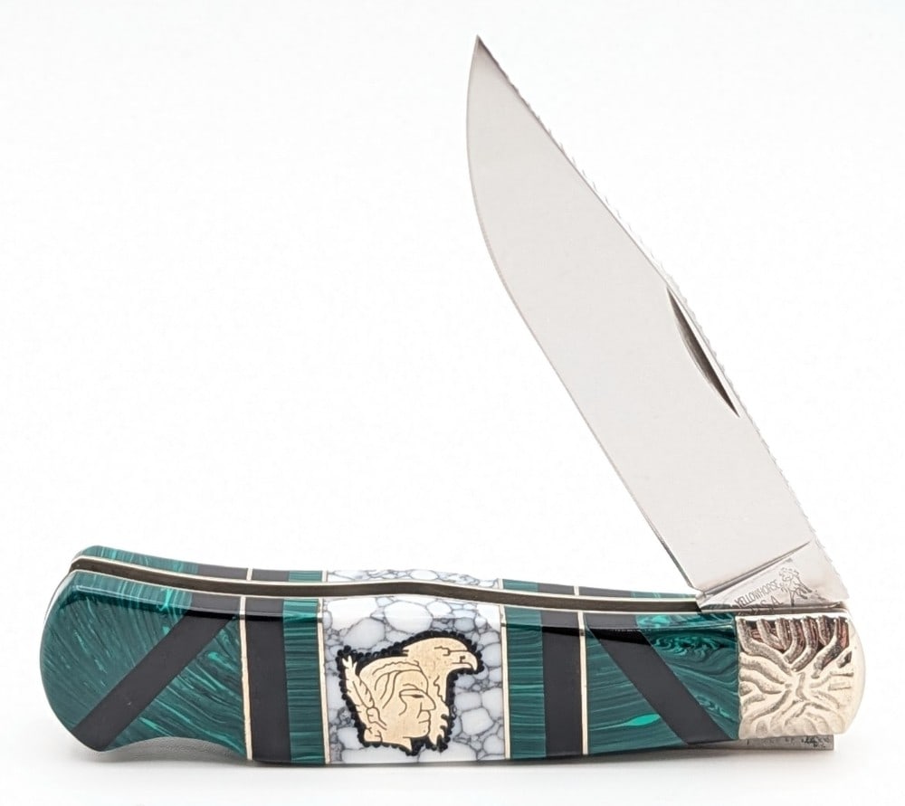 Ltd Queen Cutlery Brian Yellowhorse Natural Stone Jumbo Trapper: Knife is numbered 32 of 50. Knife is in like new condition. Overall measures 4-5/8in when closed.