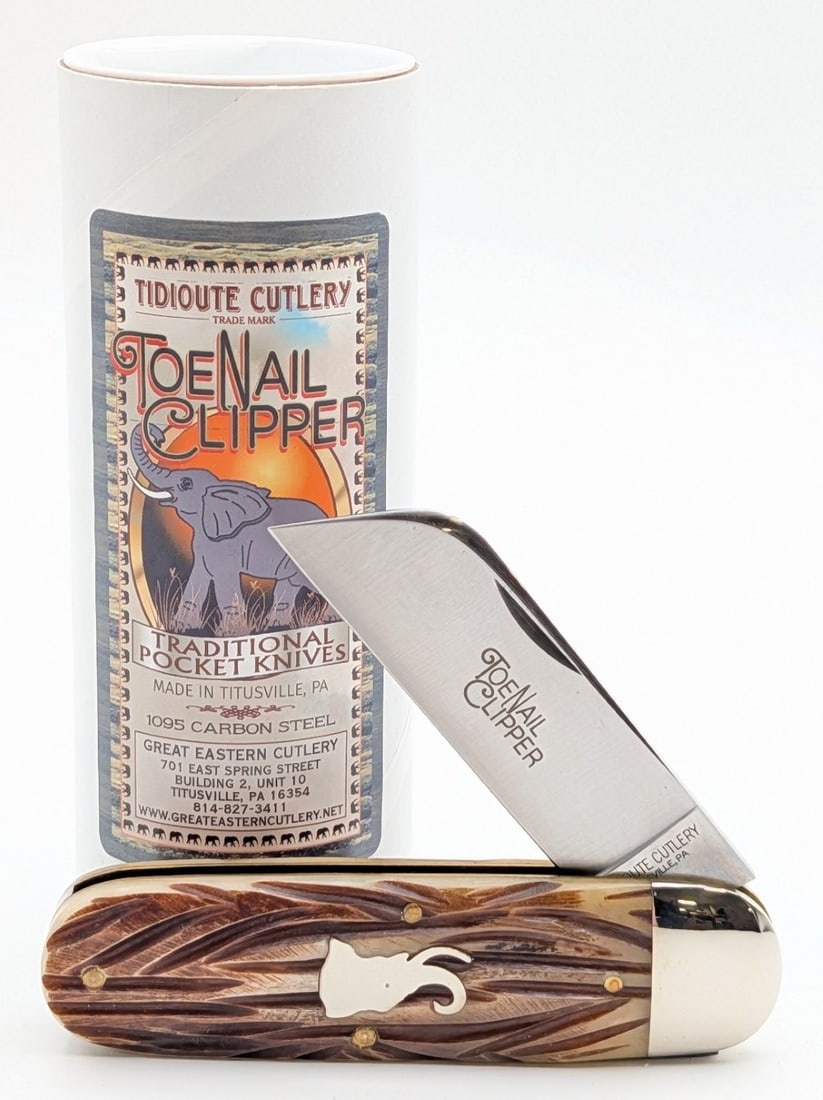 2022 Tidioute Cutlery Jigged India Bone Elephants Toe Toenail Clipper w/ Tube: Knife is in like new condition. Overall measures 4-1/4in when closed.