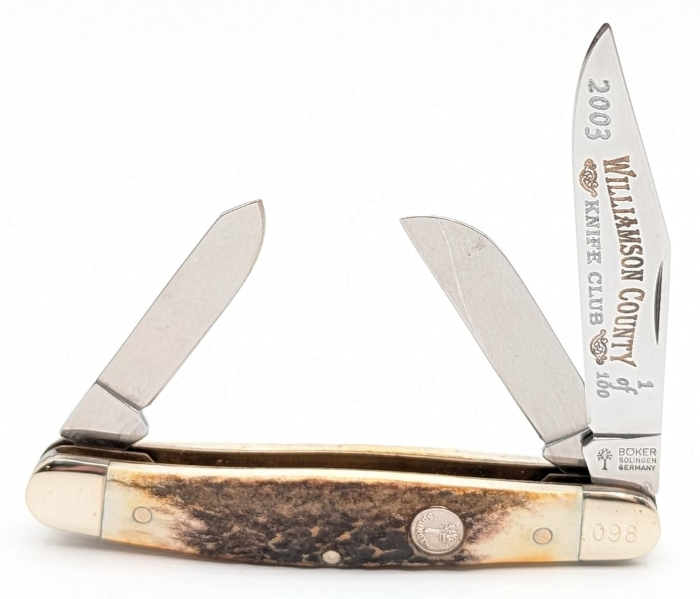 Ltd 2003 Boker Tree Brand Williamson County Knife Club Stag Stockman: Knife is numbered 098 of 100, and is in very nice condition with light scuffs from handling. Overall measures 4in when closed.