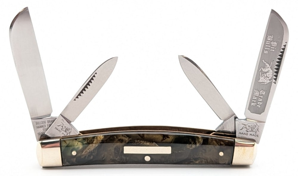Prototype 1995 Bull Dog Brand Pit Bull Celluloid Congress Knife: Knife is in very nice condition with light tarnishing on the bolsters from handling. Overall measures 3-3/4in when closed.