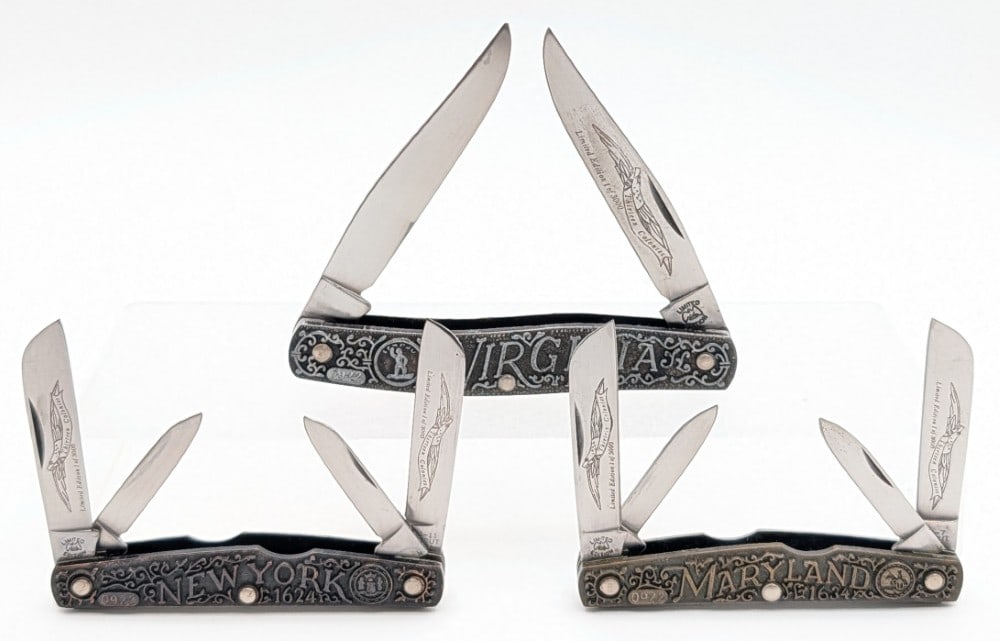 Ltd Parker Cutlery Co. Cast Metal State Stockman & Congress Knives: Includes Maryland, New York, and Virginia. Knives are numbered 922 of 3000, and are in like new condition. Largest overall measures 4in when closed.
