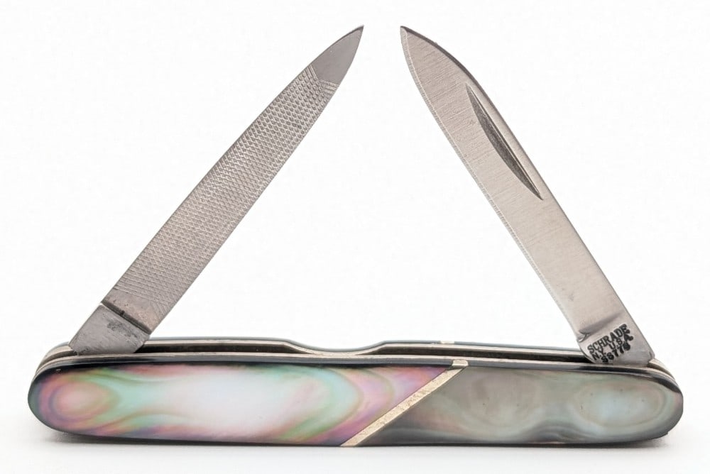 Schrade Abalone Pen Knife: Knife is in very nice condition with minimal wear from handling. Overall measures 2-3/4in when closed.