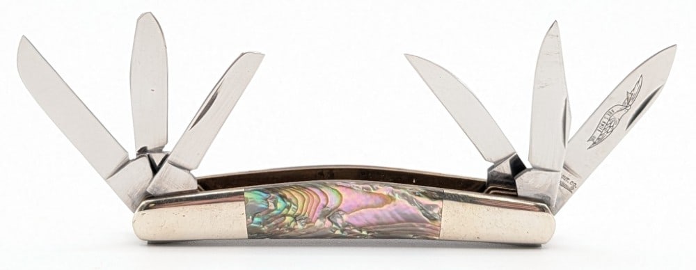 Parker Cutlery Co. Abalone Abe's Congress Knife: Knife is in nice condition with light scuffs and tarnishing on the bolsters from handling and age. Overall measures 3-1/2in when closed.