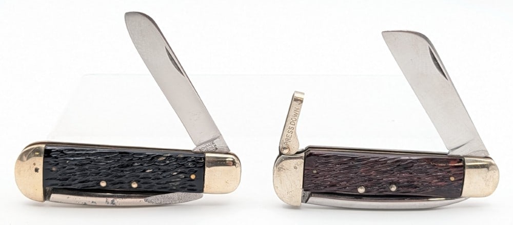 Schrade Walden Celluloid & Rough Black Marlin Spike Folding Knife 735: Knives are in fair used condition with some scratches and carbon spots on the blades, scratches and dings on the bolsters, and general wear on the handle scales. Overall measures 4-1/8in when closed.