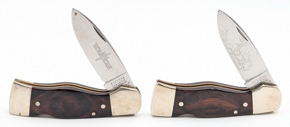 Western Cutlery Smooth Wood Lockback Knives S-532: Knives are in good condition with light scuffs and tarnishing on the bolsters from handling and age. Overall measures 4-3/8in when closed.
