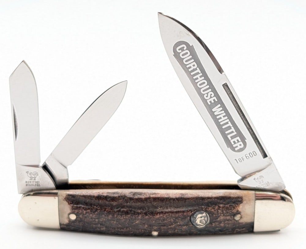 Ltd Hen & Rooster Bertram Cutlery Stag Courthouse Whittler 243DS: Knife is numbered 1 of 600, and is in very nice condition with light scuffs on the bolsters from handling. Overall measures 4in when closed.