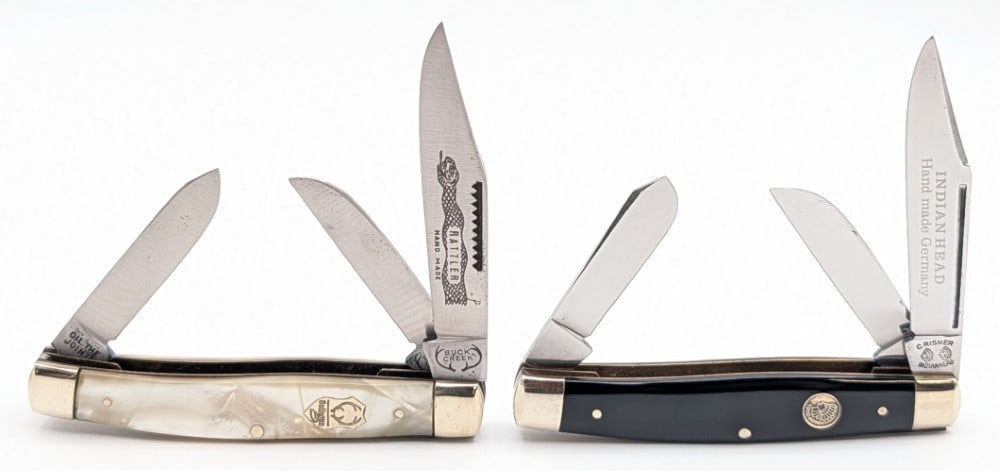 Indian Head & Buck Creek Slick Black & Faux Pearl Stockmans: Knives are in good condition with light scuffs and tarnishing on the bolsters from handling and age. Overall measures 3-3/4in when closed.