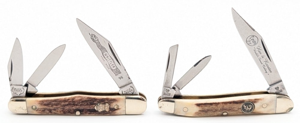 Hen & Rooster & Buck Creek Stag Whittler & Stockman: Knives are in nice condition with a few carbon spots on the blades, and scuffs and tarnishing on the bolsters from handling and age. Overall measures 3-1/2in when closed.