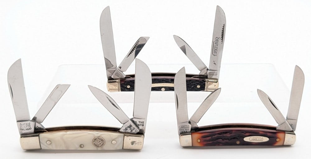 Owl Head, Shapleigh, and Camillus Congress Folding Knives: Knives are in fair condition with carbon spots on the blades, and scuffs and tarnishing on the bolsters from age. Overall measures 3-5/8in when closed.