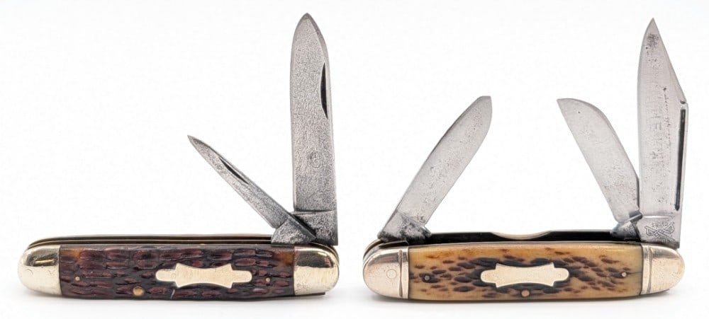 Robeson Shuredge & Sword Brand Jigged Bone Jack Knives: Knives are in used condition with scratches and material loss on the blades, scratches and tarnishing on the bolsters, and a pin crack on the front handle scale of the Sword Brand. Overall measures 3-