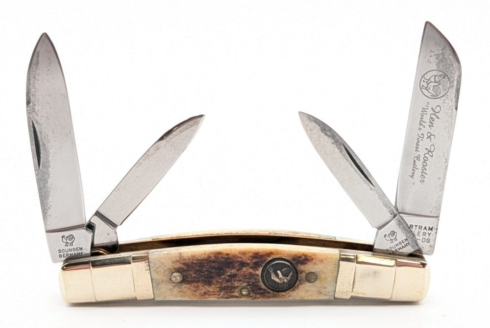 Hen & Rooster Stag Congress Knife: Knife is in good condition with some light scratches and carbon spots on the blades, and light scuffs on the bolsters from handling. Overall measures 3-5/8in when closed.