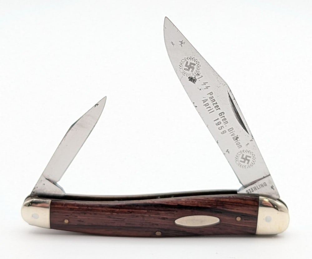 Sterling Brand 1959 SS Panzer Division Smooth Wood Whittler: Knife is in good condition with carbon spotting on the blades, and light scuffs on the bolsters. Overall measures 4in when closed.