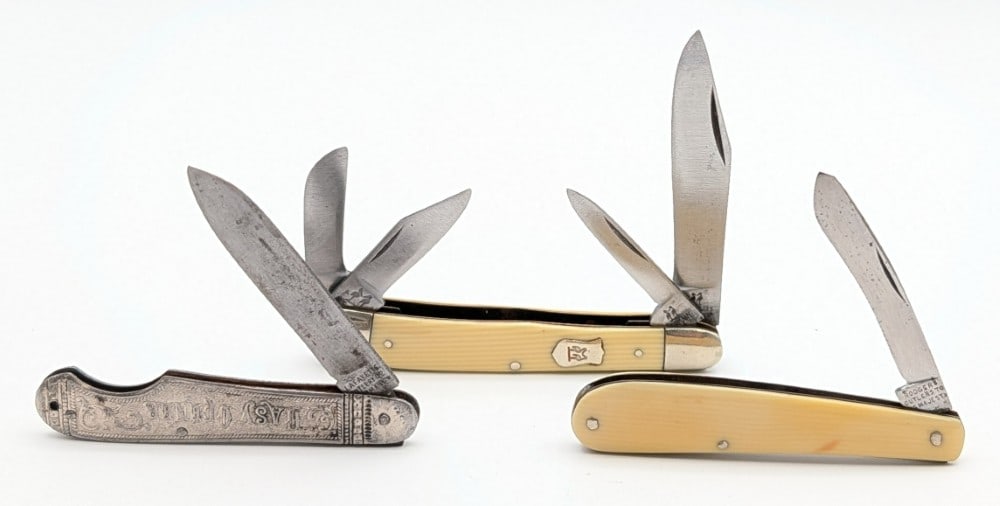 Robi Klaas, Rodger Cutlers, & LaFayette Cutlery Folding Knives: Knives are in fair aged condition with scratches and tarnishing on the blades and bolsters, and other scuffs and wear from use and age. Largest overall measures 3-3/4in when closed.