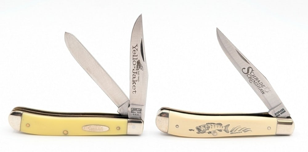 Schrade & Camillus Synth White & Yellow Trappers: Knives are in nice condition with light scuffs and tarnishing on the bolsters from handling. Overall measures 3-7/8in when closed.