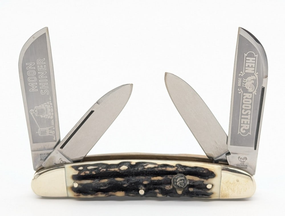 Bertram Cutlery Hen & Rooster Stag Moon Shiner Congress Knife: Knife is in very nice condition with light scuffs from handling. Overall measures 4-1/4in when closed.