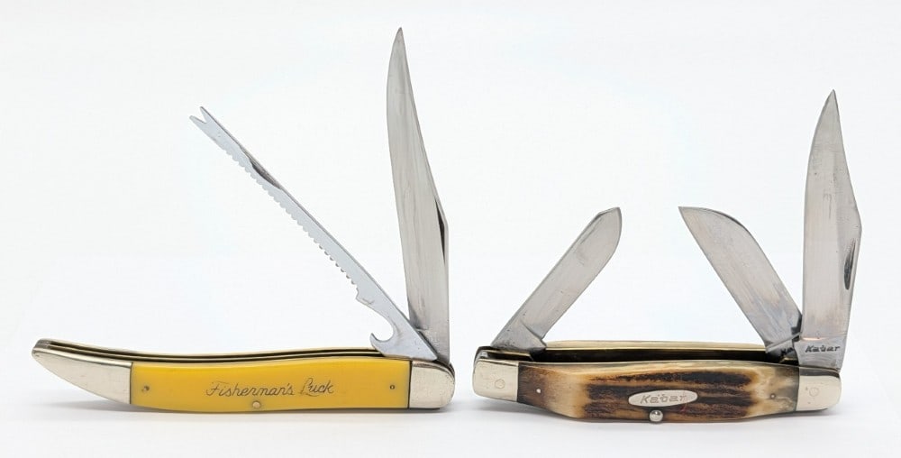 Ka-Bar & Camillus Stag Large Stockman & Synth Yellow Fisherman's Knife: Knives are in good used condition with different amounts of scratches and wear on the blades, and scuffs and dings on the bolsters. Largest overall measures 5in when closed.