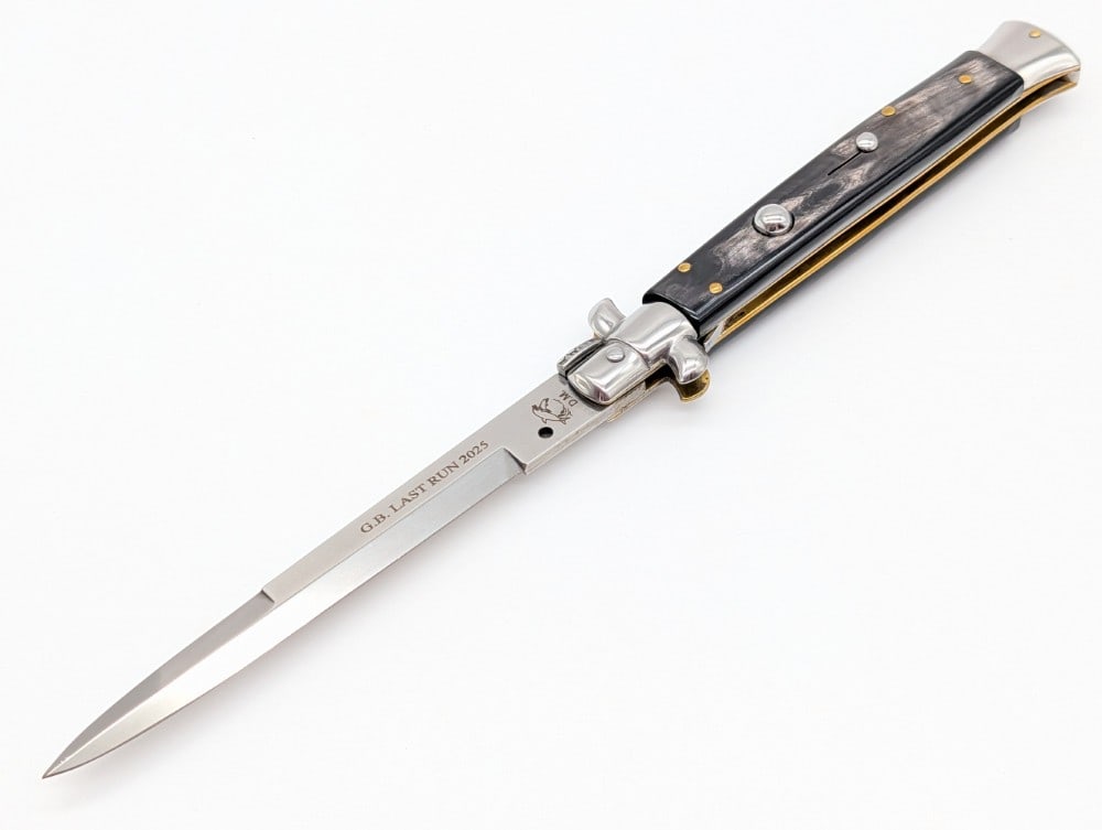 2025 Dolphin 11in G.B. Last Run Buffalo Horn Stiletto Switchblade Knife: Knife is in very nice condition with minimal wear from handling. Spring is strong, and locks tight when open. Overall measures 6in when closed.
