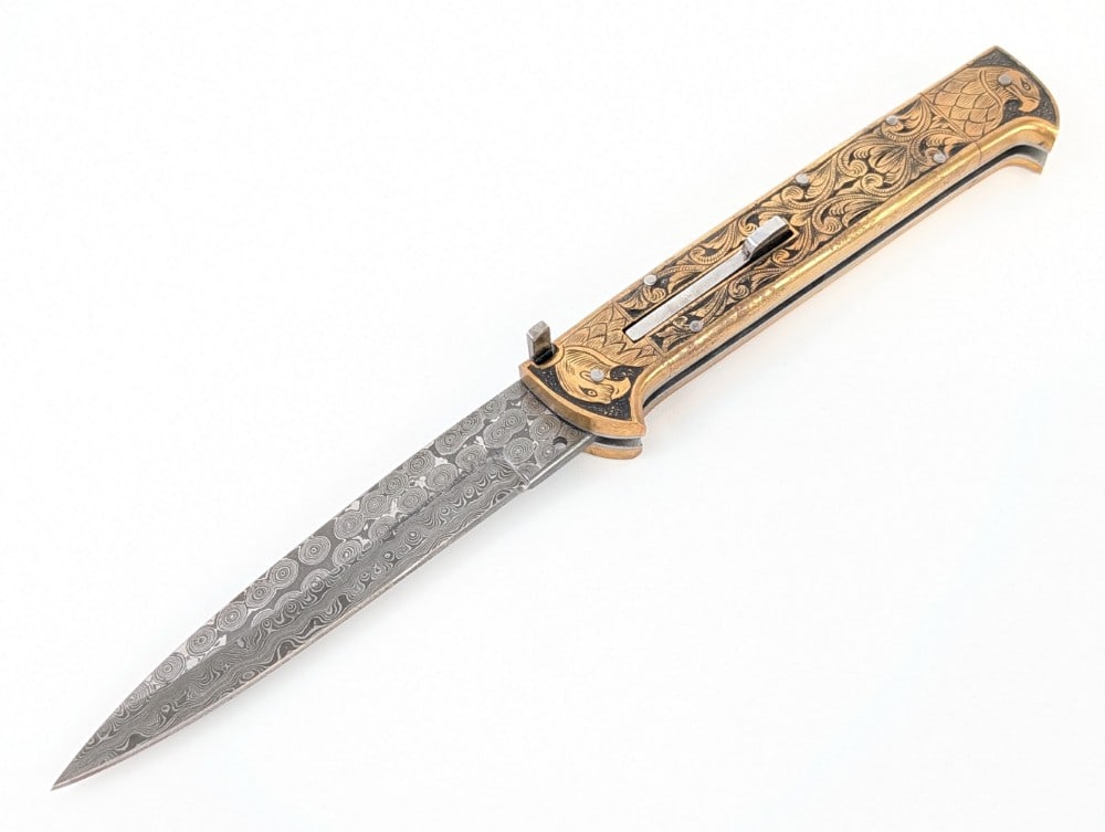 Custom 11in Damascus Engraved Brass Switchblade Knife (1 of 5)